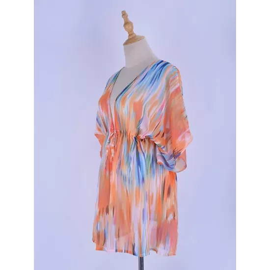 Colorful Gradient Bat Sleeves Belted Cover-Ups Tops Colorful Gradient Bat Sleeves Belted Cover-Ups Tops