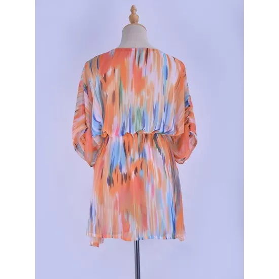 Colorful Gradient Bat Sleeves Belted Cover-Ups Tops Colorful Gradient Bat Sleeves Belted Cover-Ups Tops