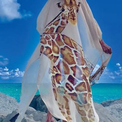 Giraffe Pattern Slit Bat Sleeve Cover-Ups Tops