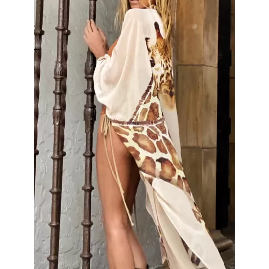 Giraffe Pattern Slit Bat Sleeve Cover-Ups Tops Giraffe Pattern Slit Bat Sleeve Cover-Ups Tops