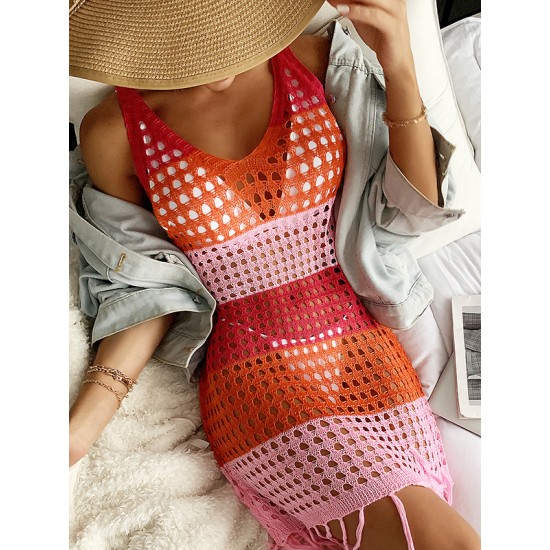 V-Neck Hollow Tassles Mini Dress Cover-Ups Swimsuit V-Neck Hollow Tassles Mini Dress Cover-Ups Swimsuit