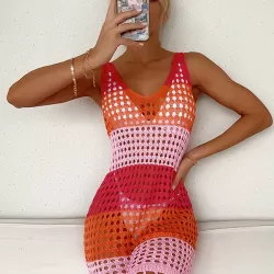 V-Neck Hollow Tassles Mini Dress Cover-Ups Swimsuit