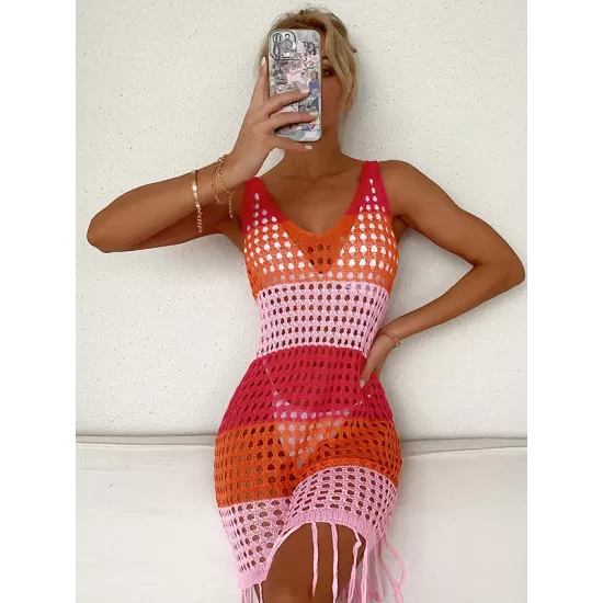 V-Neck Hollow Tassles Mini Dress Cover-Ups Swimsuit V-Neck Hollow Tassles Mini Dress Cover-Ups Swimsuit