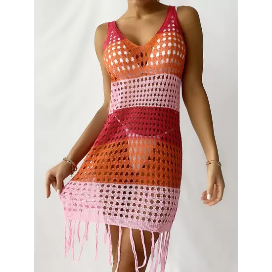V-Neck Hollow Tassles Mini Dress Cover-Ups Swimsuit V-Neck Hollow Tassles Mini Dress Cover-Ups Swimsuit