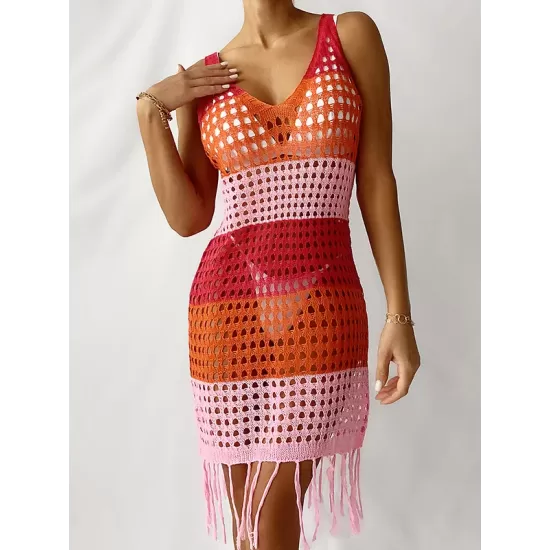 V-Neck Hollow Tassles Mini Dress Cover-Ups Swimsuit V-Neck Hollow Tassles Mini Dress Cover-Ups Swimsuit