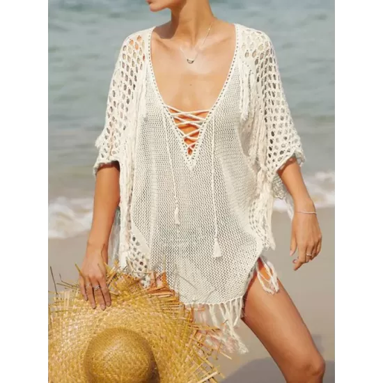 Crochet See-Through Half Sleeves Cover-Ups Tops Crochet See-Through Half Sleeves Cover-Ups Tops