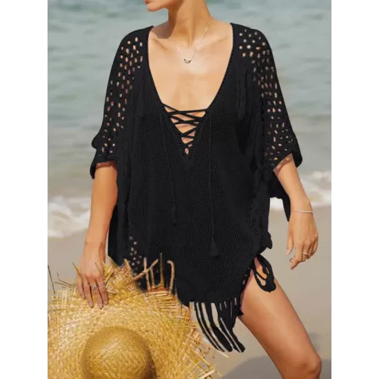 Crochet See-Through Half Sleeves Cover-Ups Tops Crochet See-Through Half Sleeves Cover-Ups Tops