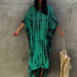 Bohemia Oversized Stripped Printed Batwing Sleeves Cover-Up