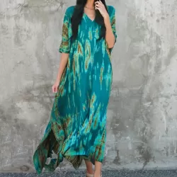 Bohemia Oversized Stripped Printed Batwing Sleeves Cover-Up