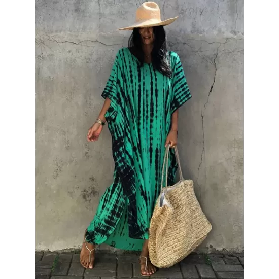 Bohemia Oversized Stripped Printed Batwing Sleeves Cover-Up Bohemia Oversized Stripped Printed Batwing Sleeves Cover-Up