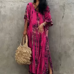 Bohemia Oversized Striped Printed Batwing Sleeves Cover-Up