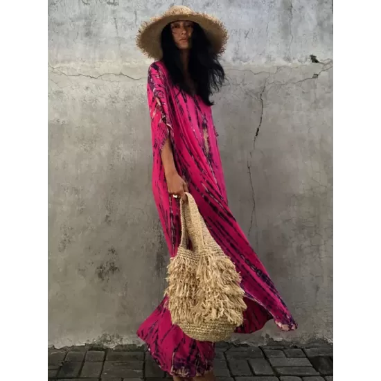 Bohemia Oversized Striped Printed Batwing Sleeves Cover-Up Bohemia Oversized Striped Printed Batwing Sleeves Cover-Up