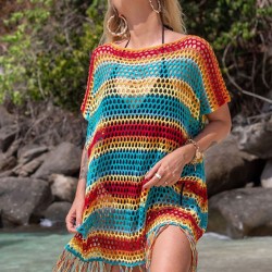 Loose Bandage Contrast Color Tasseled Split-Side Cover Up