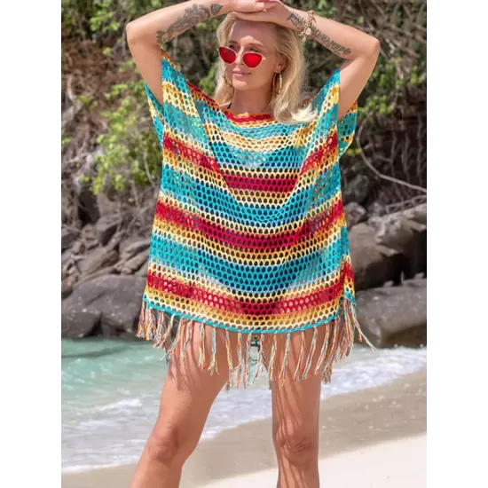 Loose Bandage Contrast Color Tasseled Split-Side Cover Up Loose Bandage Contrast Color Tasseled Split-Side Cover Up