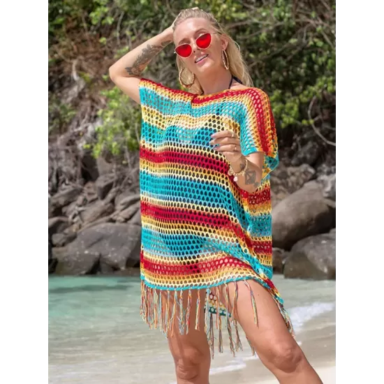 Loose Bandage Contrast Color Tasseled Split-Side Cover Up Loose Bandage Contrast Color Tasseled Split-Side Cover Up