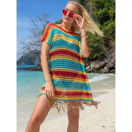 Loose Bandage Contrast Color Tasseled Split-Side Cover Up Loose Bandage Contrast Color Tasseled Split-Side Cover Up