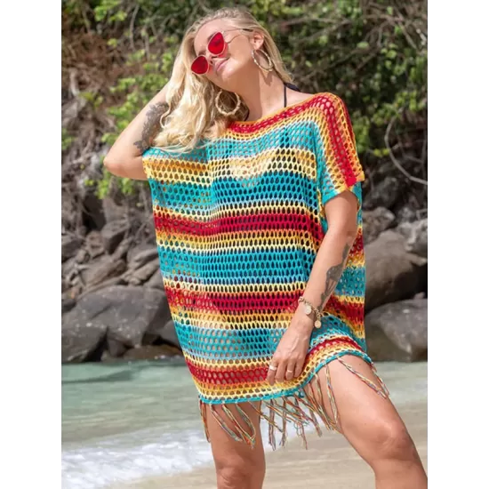 Loose Bandage Contrast Color Tasseled Split-Side Cover Up Loose Bandage Contrast Color Tasseled Split-Side Cover Up