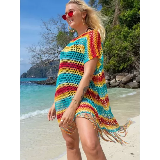 Loose Bandage Contrast Color Tasseled Split-Side Cover Up Loose Bandage Contrast Color Tasseled Split-Side Cover Up
