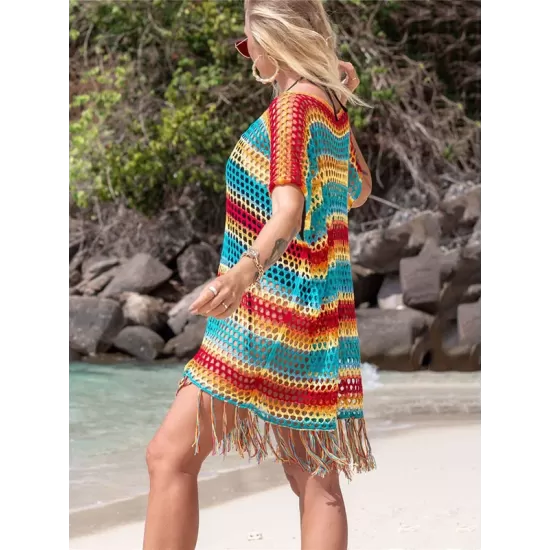 Loose Bandage Contrast Color Tasseled Split-Side Cover Up Loose Bandage Contrast Color Tasseled Split-Side Cover Up