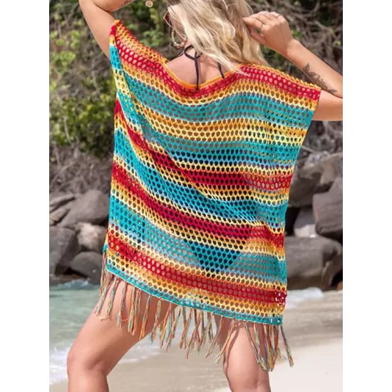 Loose Bandage Contrast Color Tasseled Split-Side Cover Up Loose Bandage Contrast Color Tasseled Split-Side Cover Up