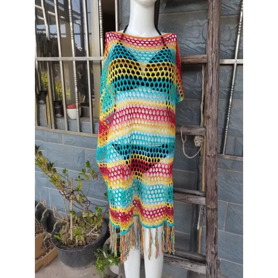 Loose Bandage Contrast Color Tasseled Split-Side Cover Up Loose Bandage Contrast Color Tasseled Split-Side Cover Up