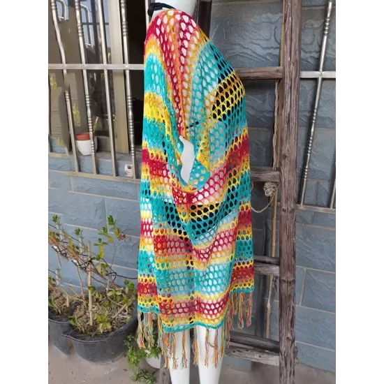 Loose Bandage Contrast Color Tasseled Split-Side Cover Up Loose Bandage Contrast Color Tasseled Split-Side Cover Up