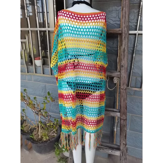 Loose Bandage Contrast Color Tasseled Split-Side Cover Up Loose Bandage Contrast Color Tasseled Split-Side Cover Up