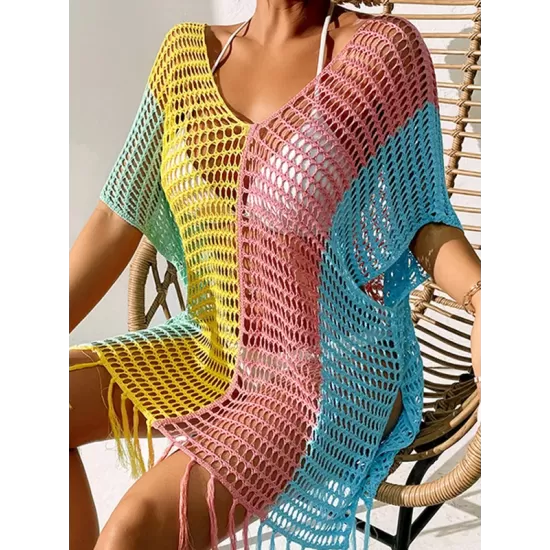 Vacation Loose Patchwork V-Neck Cover-Ups Swimwear Vacation Loose Patchwork V-Neck Cover-Ups Swimwear