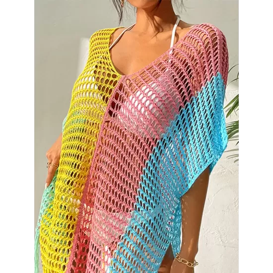 Vacation Loose Patchwork V-Neck Cover-Ups Swimwear Vacation Loose Patchwork V-Neck Cover-Ups Swimwear