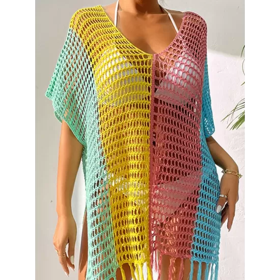 Vacation Loose Patchwork V-Neck Cover-Ups Swimwear Vacation Loose Patchwork V-Neck Cover-Ups Swimwear