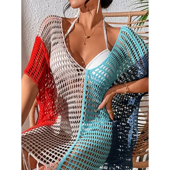 Vacation Loose Patchwork V-Neck Cover-Ups Swimwear Vacation Loose Patchwork V-Neck Cover-Ups Swimwear