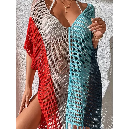 Vacation Loose Patchwork V-Neck Cover-Ups Swimwear Vacation Loose Patchwork V-Neck Cover-Ups Swimwear