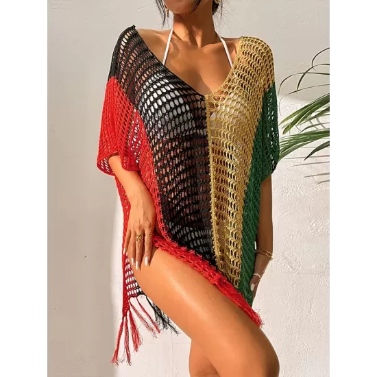 Vacation Loose Patchwork V-Neck Cover-Ups Swimwear Vacation Loose Patchwork V-Neck Cover-Ups Swimwear
