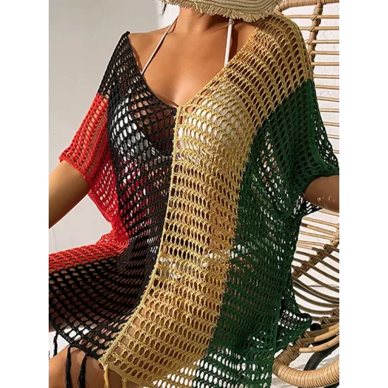 Vacation Loose Patchwork V-Neck Cover-Ups Swimwear Vacation Loose Patchwork V-Neck Cover-Ups Swimwear