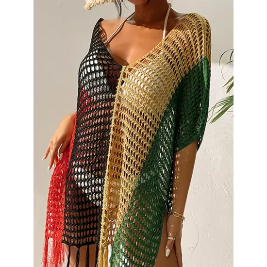 Vacation Loose Patchwork V-Neck Cover-Ups Swimwear Vacation Loose Patchwork V-Neck Cover-Ups Swimwear