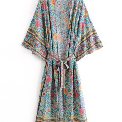 Vacation Loose Floral Printed Lace-Up V-Neck Kimono