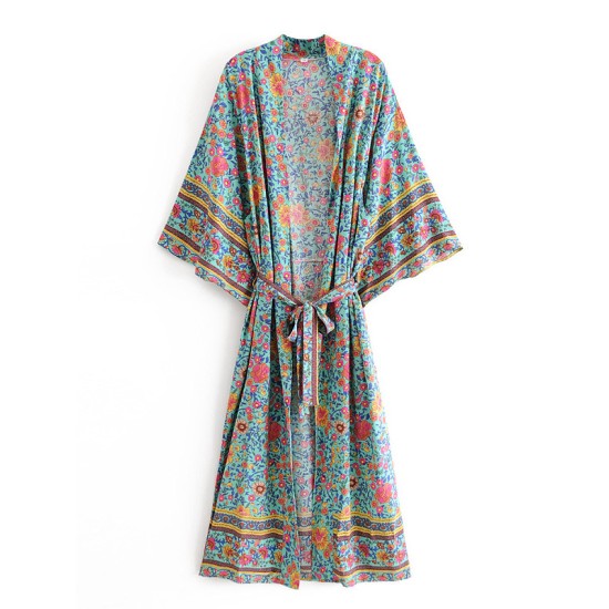 Vacation Loose Floral Printed Lace-Up V-Neck Kimono Vacation Loose Floral Printed Lace-Up V-Neck Kimono