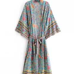 Vacation Loose Floral Printed Lace-Up V-Neck Kimono
