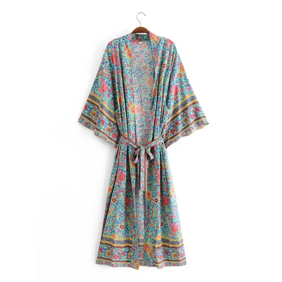 Vacation Loose Floral Printed Lace-Up V-Neck Kimono Vacation Loose Floral Printed Lace-Up V-Neck Kimono