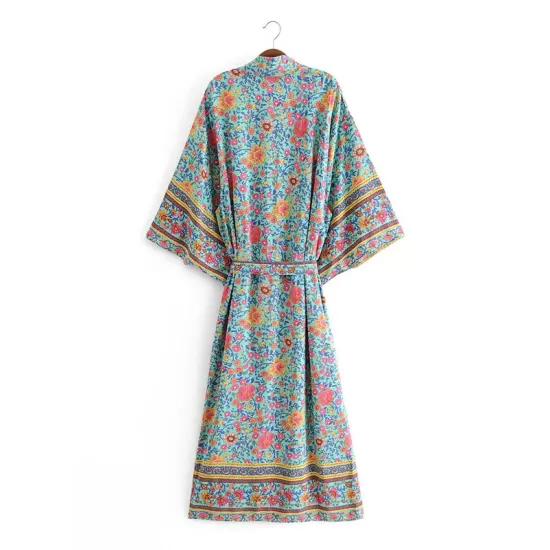 Vacation Loose Floral Printed Lace-Up V-Neck Kimono Vacation Loose Floral Printed Lace-Up V-Neck Kimono