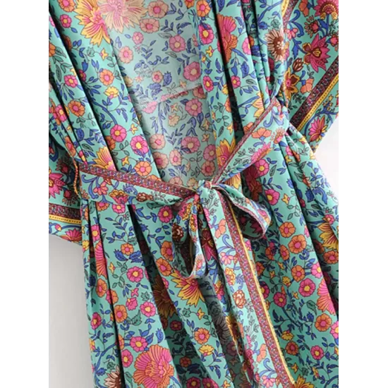 Vacation Loose Floral Printed Lace-Up V-Neck Kimono Vacation Loose Floral Printed Lace-Up V-Neck Kimono