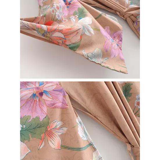 Vacation Floral Printed Lace-Up V-Neck Cover-Ups Swimwear Vacation Floral Printed Lace-Up V-Neck Cover-Ups Swimwear