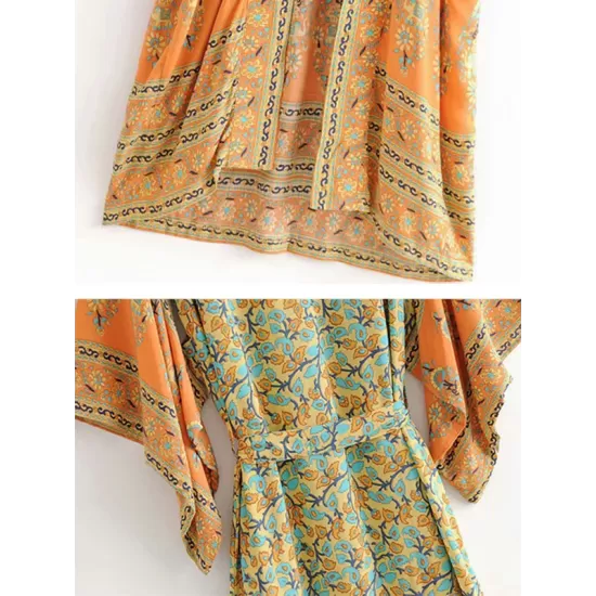 Vacation Loose Floral Printed Lace-Up V-Neck Cover-Up Top Vacation Loose Floral Printed Lace-Up V-Neck Cover-Up Top