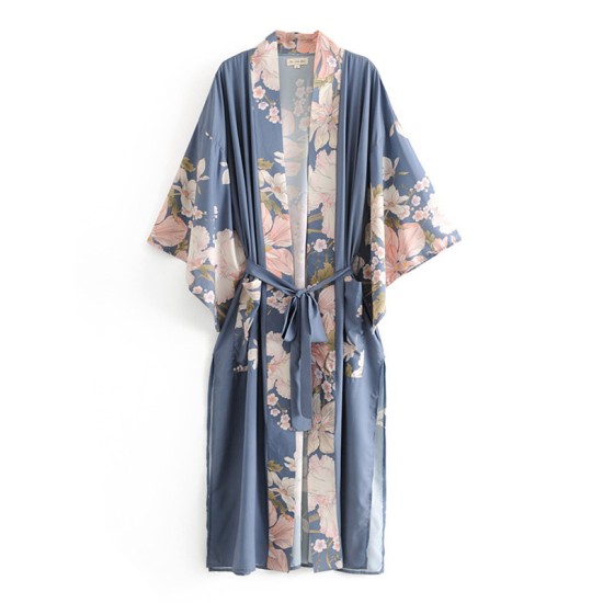 Beach Loose Floral Printed Lace-Up V-Neck Cover-Up Top Beach Loose Floral Printed Lace-Up V-Neck Cover-Up Top