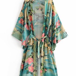 Beach Loose Floral Printed Lace-Up V-Neck Cover-Up Top