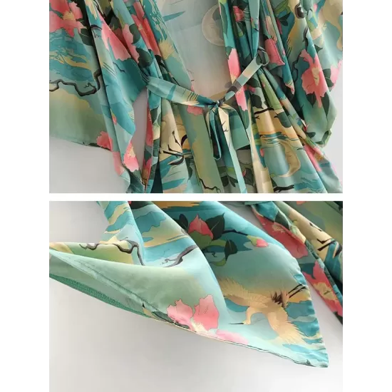 Beach Loose Floral Printed Lace-Up V-Neck Cover-Up Top Beach Loose Floral Printed Lace-Up V-Neck Cover-Up Top