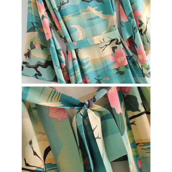 Beach Loose Floral Printed Lace-Up V-Neck Cover-Up Top Beach Loose Floral Printed Lace-Up V-Neck Cover-Up Top