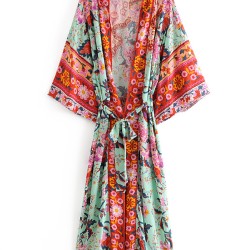 Vacation Loose Lace-Up Printed V-Neck Cover-Up Top