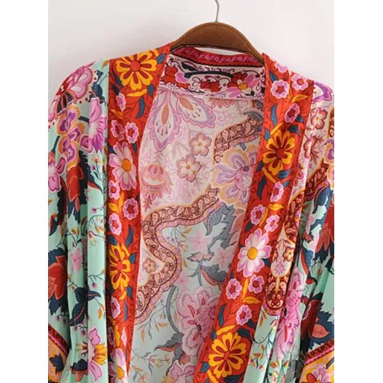 Vacation Loose Lace-Up Printed V-Neck Cover-Up Top Vacation Loose Lace-Up Printed V-Neck Cover-Up Top