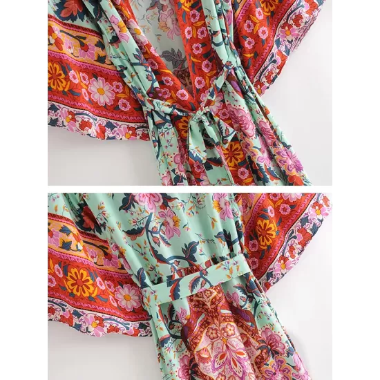 Vacation Loose Lace-Up Printed V-Neck Cover-Up Top Vacation Loose Lace-Up Printed V-Neck Cover-Up Top